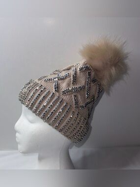 Beaded Pom-Pom Knit Beanie - Blush